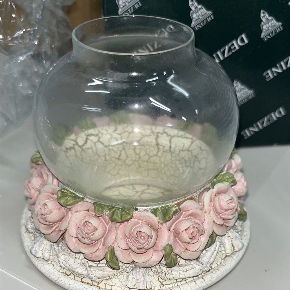 DEZI Rose Embellished Candle Holder - Pink and Cream vintage